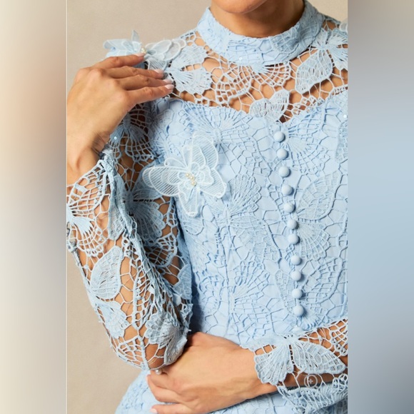 Embroidered Light Blue Lace Maxi Dress | Long Sleeve Formal | New with Tags - Picture 9 of 11